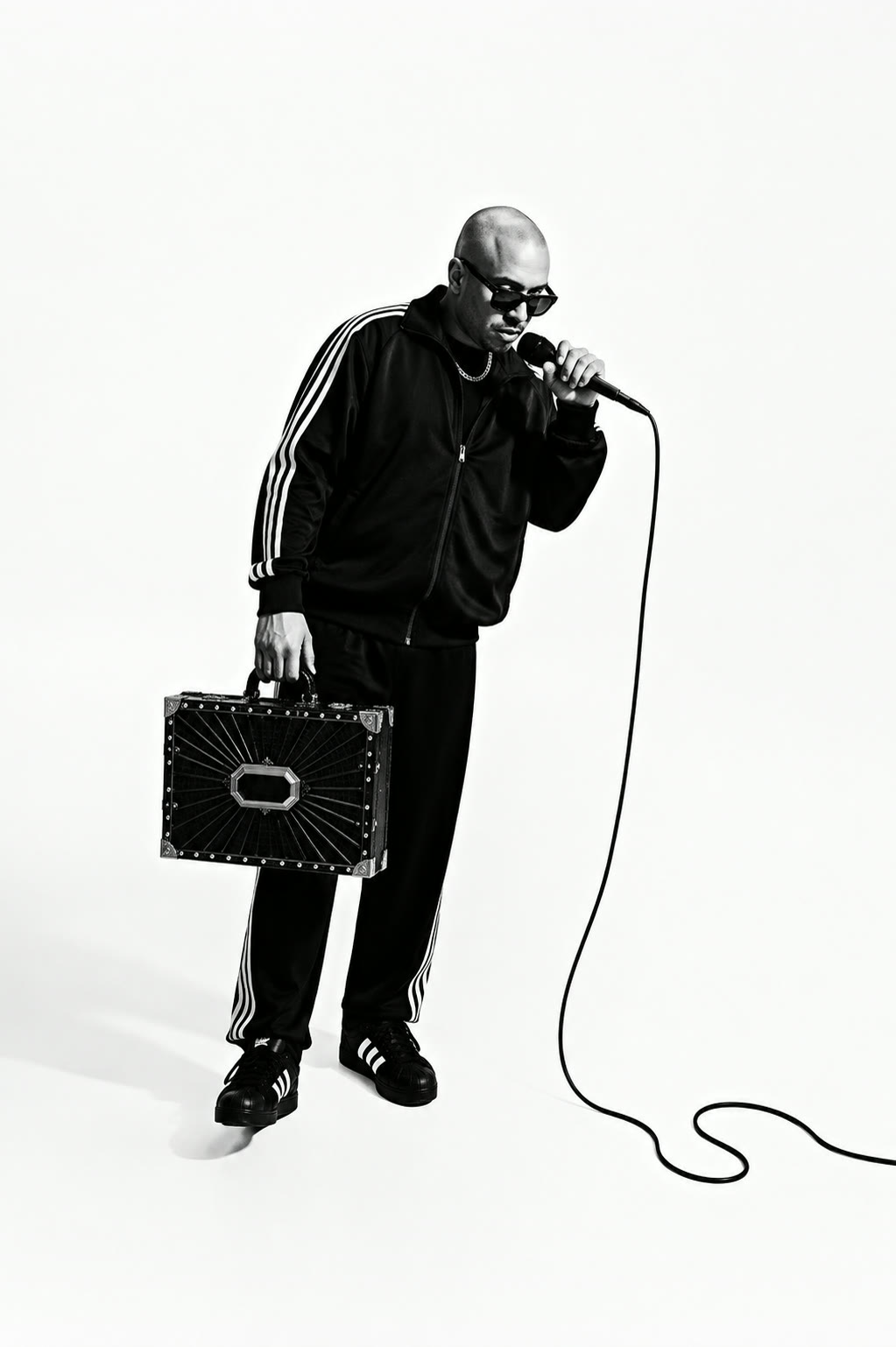 Joe Flizzow with a microphone, case in hand, black and white