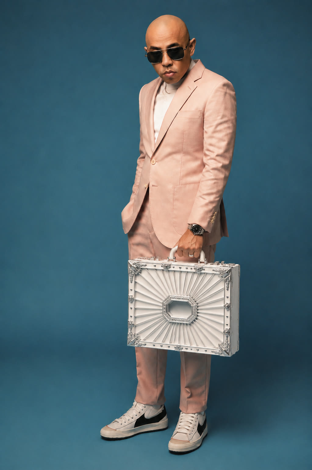 Joe Flizzow in a pink suit against a blue backdrop, white and silver case