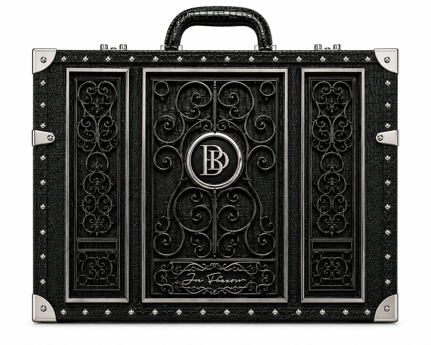 Black case, silver filigree gate lid
