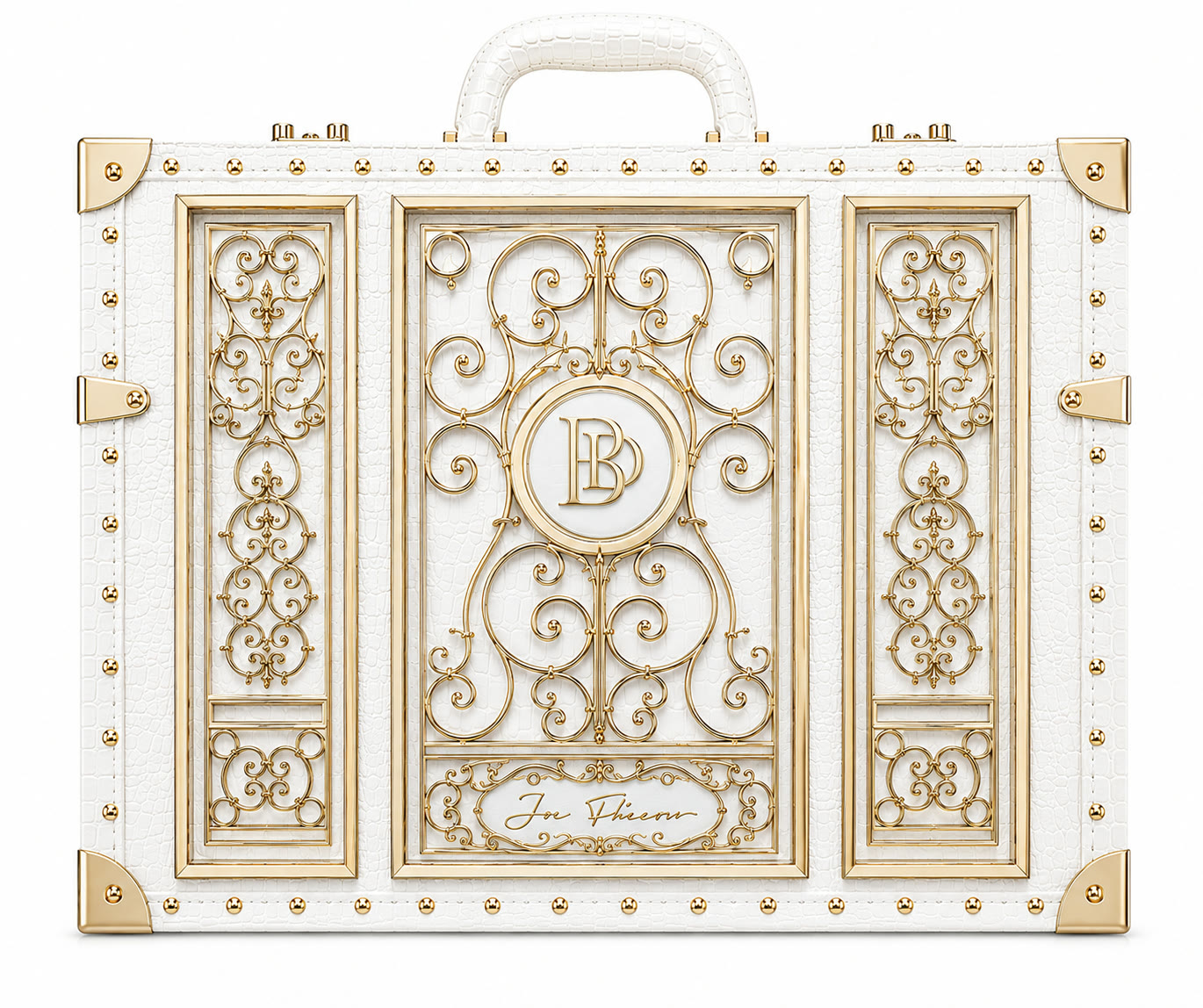 White case, gold filigree gate lid