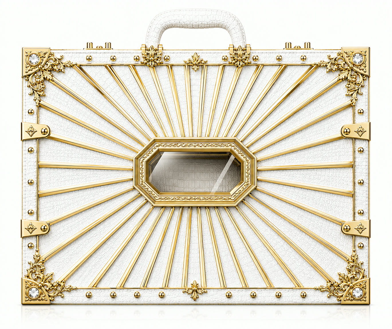 White case, gold sunray lid with glazed lens