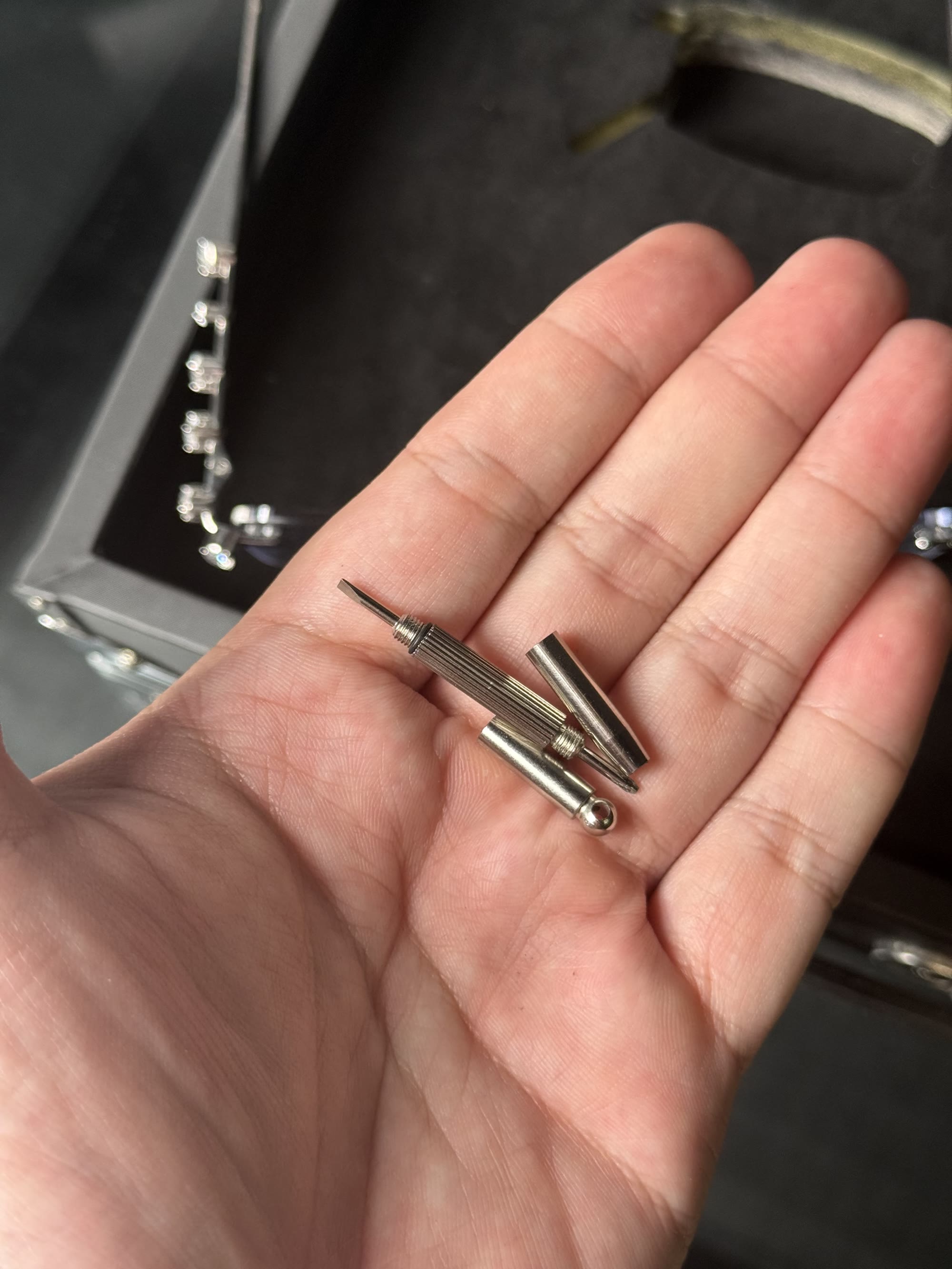 The two-piece jeweller's screwdriver, disassembled